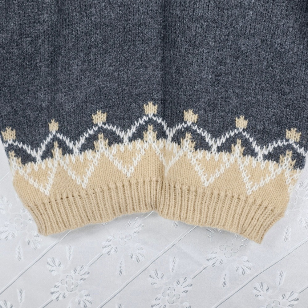 Vintage Mohair Knit Sweater Women's Small Gray Beige Fair Isle Pattern Crew Neck - Picture 5 of 10